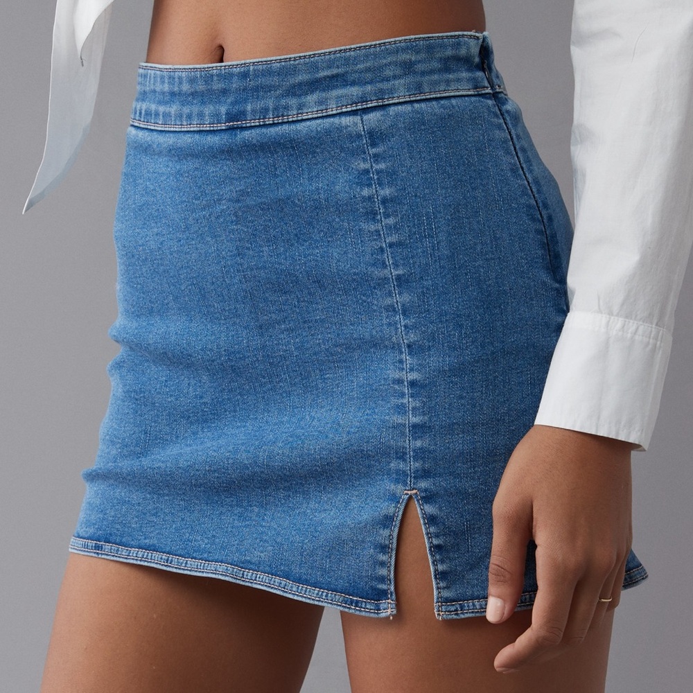 high rise denim mini skort never